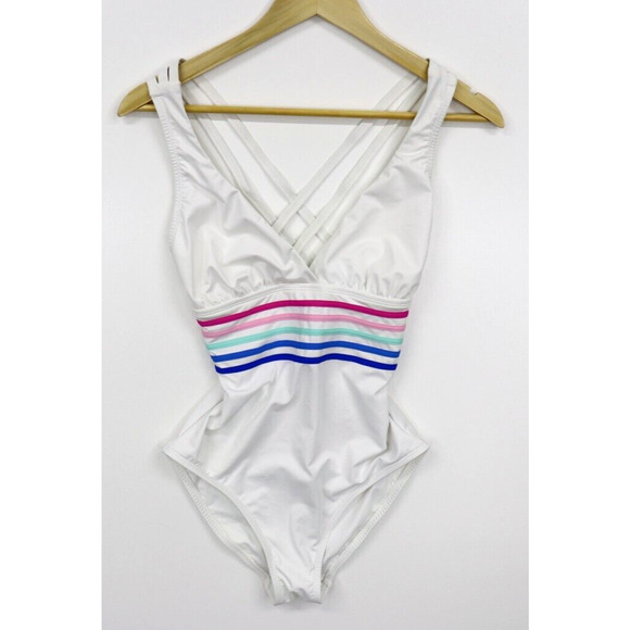 La Blanca Sz 4 Womens Spectrum Striped Rainbow Strappy One Piece Swimsuit White - Picture 6 of 13